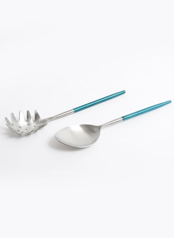 VarEesha Radiant Blue Handled Matt Finish Stainless Steel Salad Serving Spoons Set of 2 | Elegant Lead Free Stainless Steel Server Set for Dinner| Serving Spoons for Dining Table| Cutlery for Gifting - Image 4